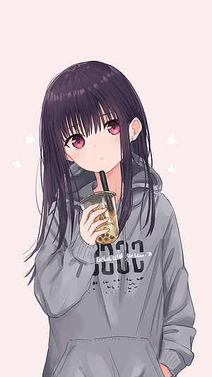 Anime Girl With Purple Hair Drinking Bubble Tea In Grey Hoodie HD phone wallpaper