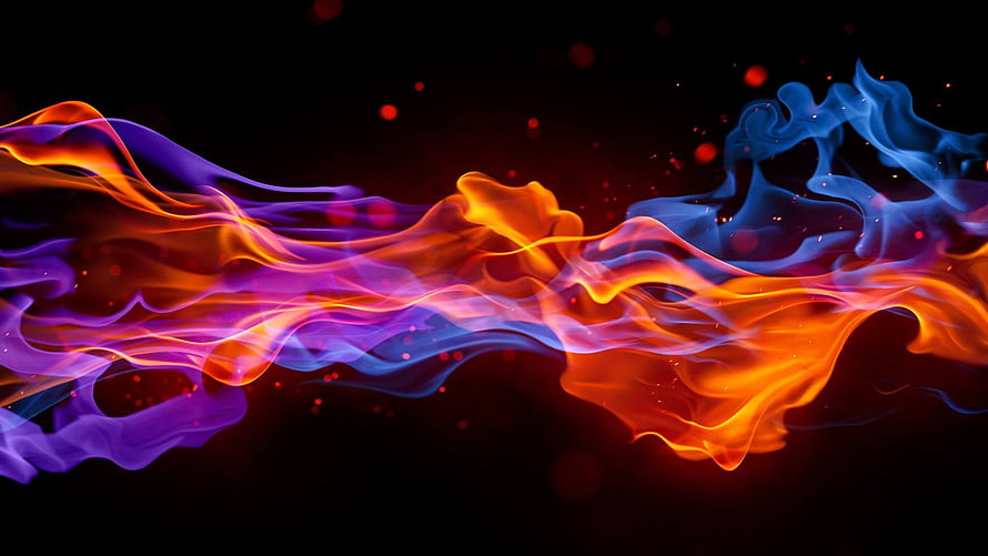 Vibrant Abstract Flame and Smoke Waves in Neon Purple, Orange, and Blue on Black Background HD wallpaper