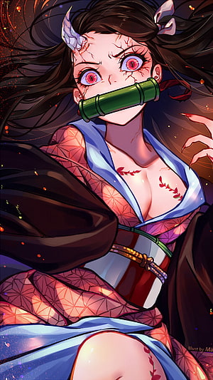 Nezuko Kamado Demon Form with Bamboo Cuff and Blood Demon Art HD phone wallpaper