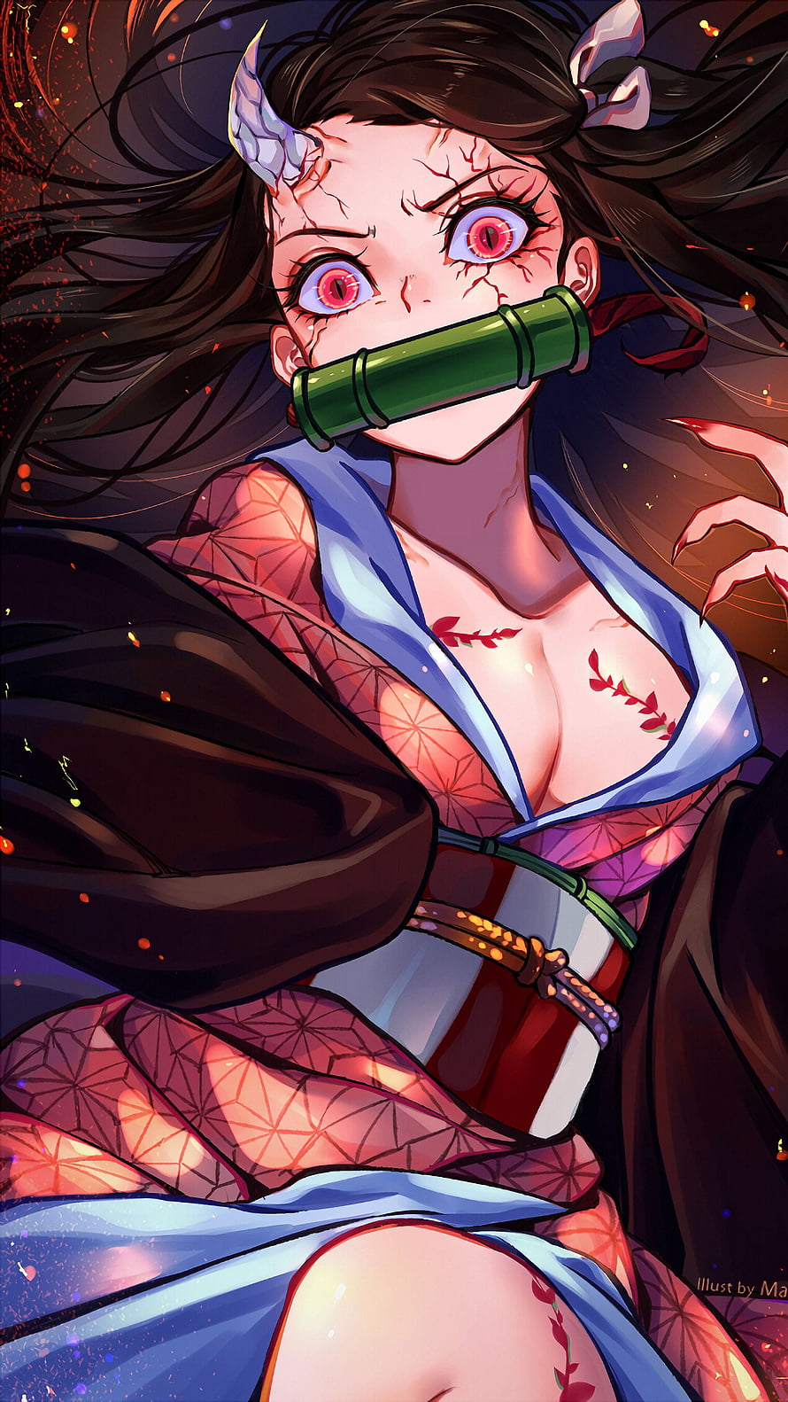 Nezuko Kamado Demon Form with Bamboo Cuff and Blood Demon Art HD phone wallpaper