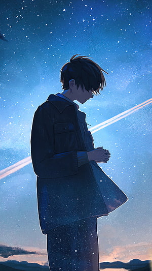 Anime Boy Standing Under Starry Night Sky With Shooting Star HD phone wallpaper