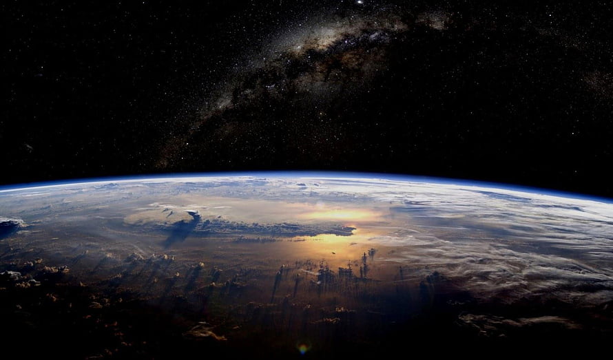 Earth Horizon From Space With Milky Way Galaxy And Sunrise Over Clouds HD wallpaper