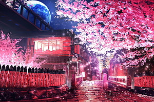 Anime Style Japanese Street With Pink Cherry Blossoms And Giant Blue Moon HD wallpaper