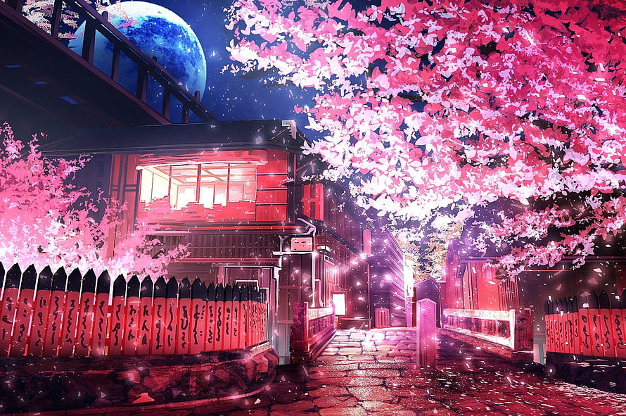 Anime Style Japanese Street With Pink Cherry Blossoms And Giant Blue Moon HD wallpaper