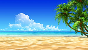 Vibrant Cartoon Tropical Beach With Palm Trees And Turquoise Ocean HD wallpaper