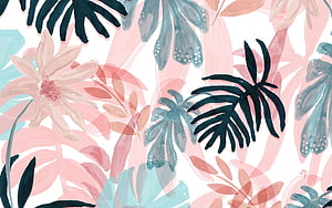 Watercolor Tropical Floral Pattern with Pink and Teal Leaves HD wallpaper
