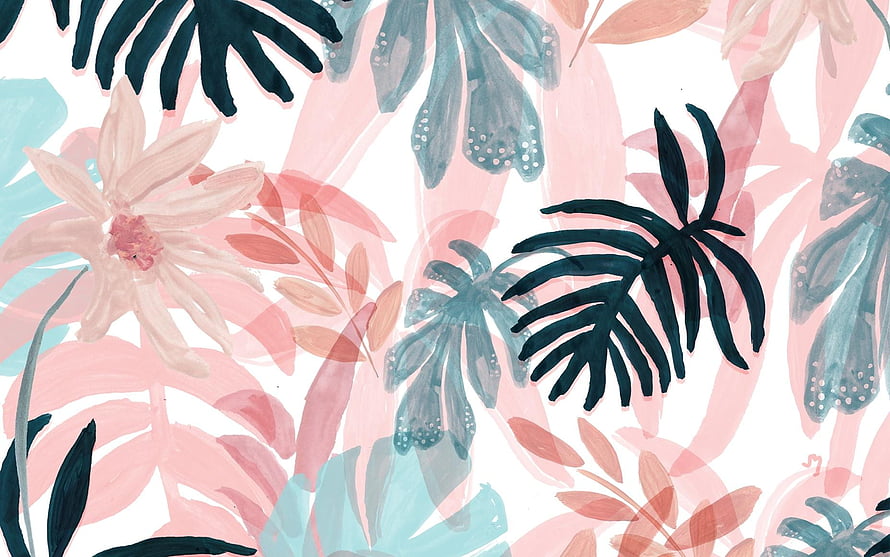 Watercolor Tropical Floral Pattern with Pink and Teal Leaves HD wallpaper