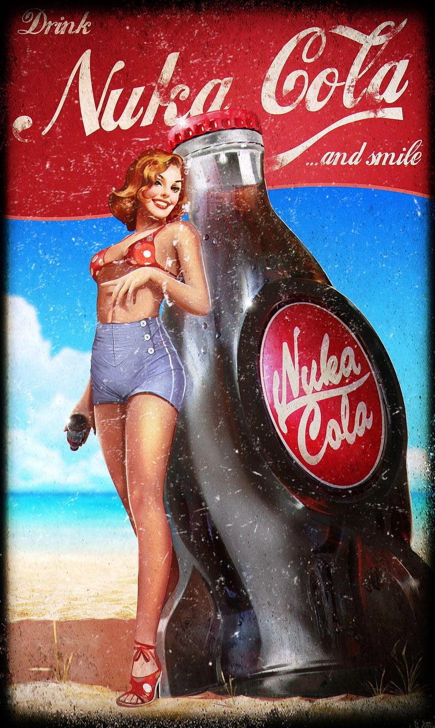 Fallout Nuka Cola Vintage Pinup Poster with Beach Girl and Giant Bottle HD phone wallpaper