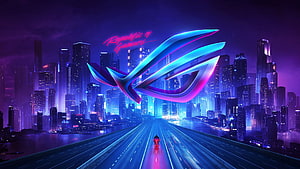 Republic of Gamers Neon Cyberpunk Cityscape with Futuristic Highway and Glowing Logo HD wallpaper