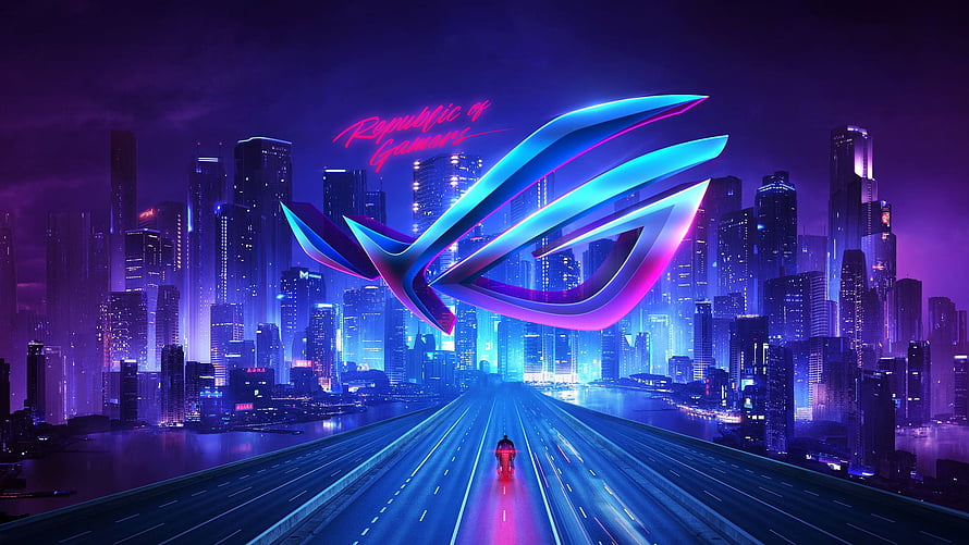 Republic of Gamers Neon Cyberpunk Cityscape with Futuristic Highway and Glowing Logo HD wallpaper