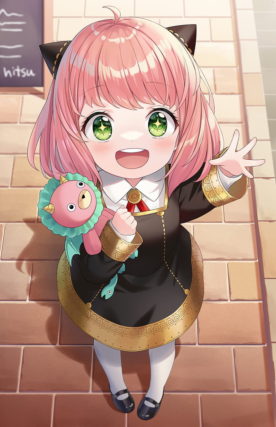 Anime Girl with Pink Hair and Green Eyes Holding a Dragon Plush Toy HD phone wallpaper