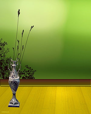 Elegant White Vase With Tall Stems On Yellow Floor Against Green Wall HD phone wallpaper