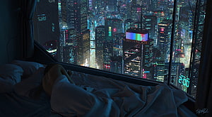 Cyberpunk High Rise Apartment Interior With Neon City View HD wallpaper