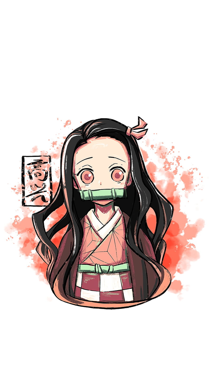 Nezuko Kamado Chibi Portrait with Bamboo Mouthpiece and Red Watercolor Splatter Background HD phone wallpaper