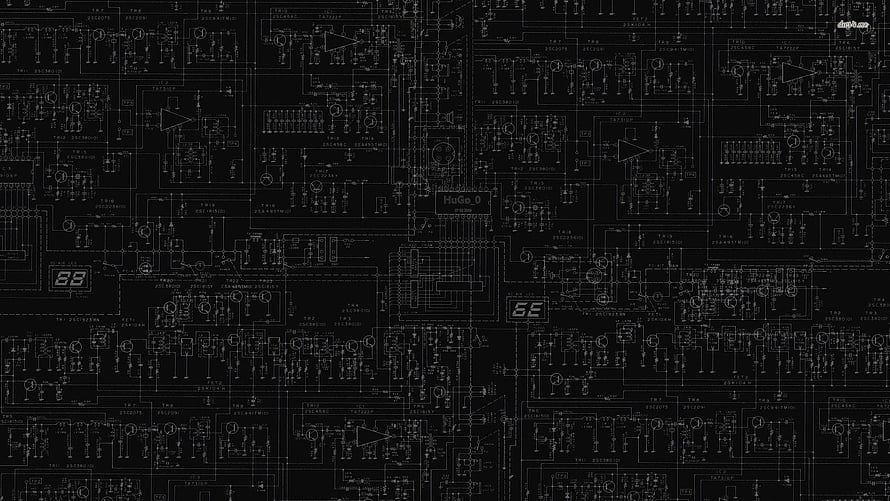 Dark Electronic Circuit Board Blueprint with Technical Schematics and Component Diagrams HD wallpaper