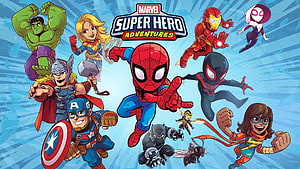 Marvel Super Hero Adventures cartoon lineup featuring Spider-Man, Hulk, Thor, Captain America, Iron Man, and Ms. Marvel HD wallpaper