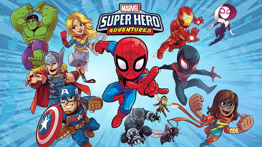 Marvel Super Hero Adventures cartoon lineup featuring Spider-Man, Hulk, Thor, Captain America, Iron Man, and Ms. Marvel HD wallpaper