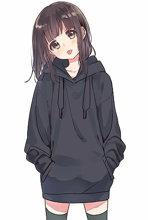 Cute Anime Girl in Oversized Black Hoodie with Hands in Pockets HD phone wallpaper