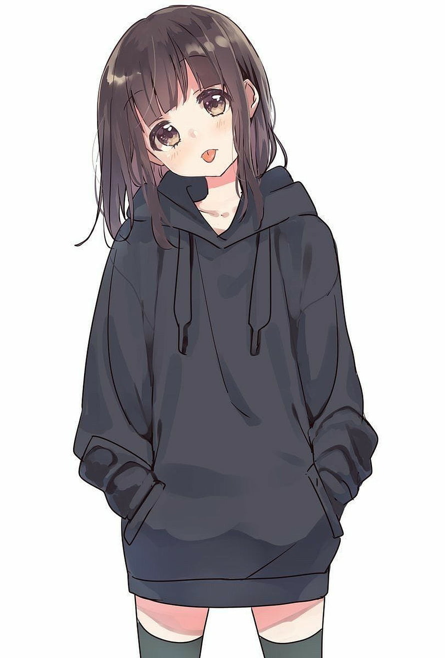 Cute Anime Girl in Oversized Black Hoodie with Hands in Pockets HD phone wallpaper