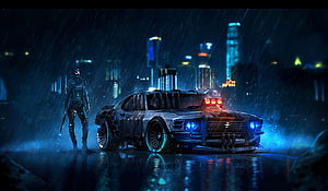 Cyberpunk Soldier and Modified Muscle Car in Rainy Neon City HD wallpaper