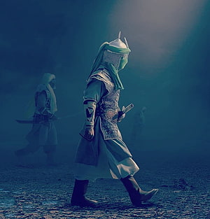 Arabian Warrior in Chainmail Armor Walking Through Misty Battlefield HD phone wallpaper