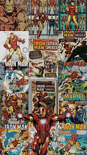 Retro Iron Man Comic Book Collage with Vintage Marvel Panels and Classic Armor Designs, Vintage Iron Man Comic, marvel comics retro HD phone wallpaper