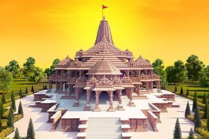 Majestic Ancient Hindu Temple Architecture with Intricate Carvings and Golden Sky HD wallpaper