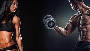 Muscular Man Lifting Dumbbell and Fit Woman in Dark Gym Setting, 21 Fitness, couple gym workout HD wallpaper