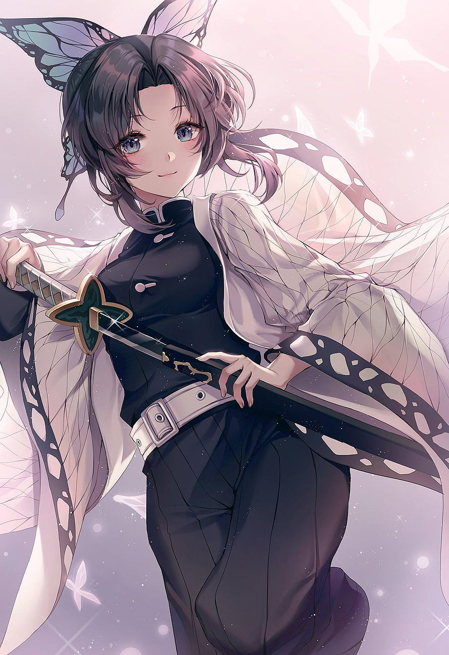 Shinobu Kocho from Demon Slayer in Butterfly Haori Holding Katana HD phone wallpaper