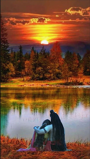 Romantic Couple Embracing by Lake at Sunset with Vibrant Orange Sky and Forest Reflections, 30 Shiva Parvati Bilder, mahadev love HD phone wallpaper