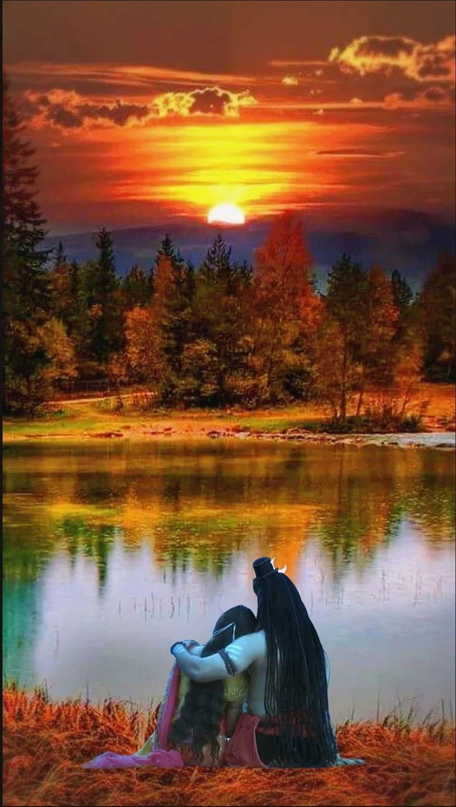 Romantic Couple Embracing by Lake at Sunset with Vibrant Orange Sky and Forest Reflections, 30 Shiva Parvati Bilder, mahadev love HD phone wallpaper