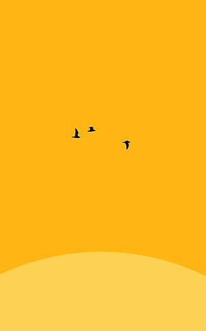 Minimalist Yellow Sky with Three Black Birds in Flight HD phone wallpaper