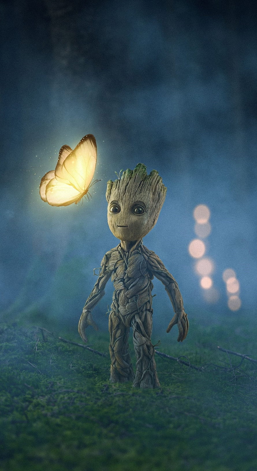 Baby Groot and a Glowing Butterfly in a Misty Forest at Night HD phone wallpaper
