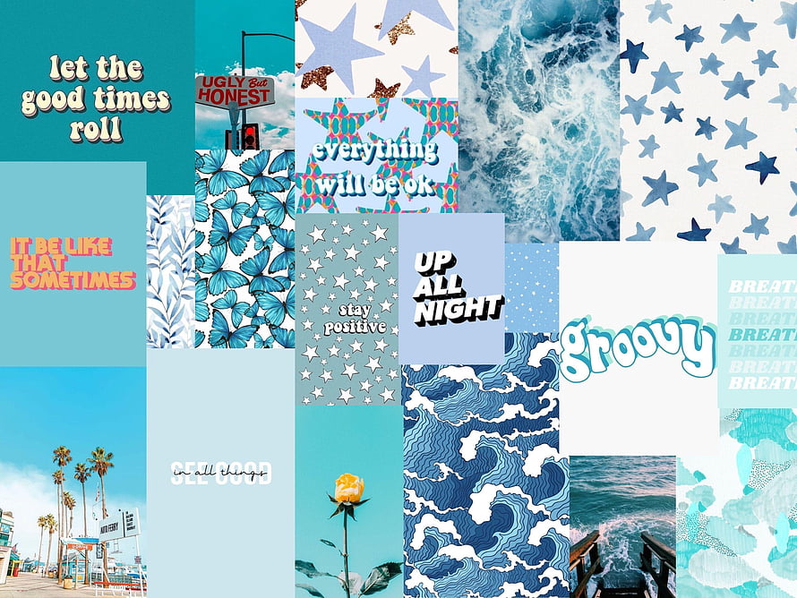 Blue Aesthetic Collage Wallpaper With Motivational Quotes And Ocean Patterns HD wallpaper