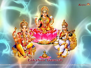 Ganesha and Lakshmi with Saraswati on Lotus Throne Indian Deity Art HD wallpaper