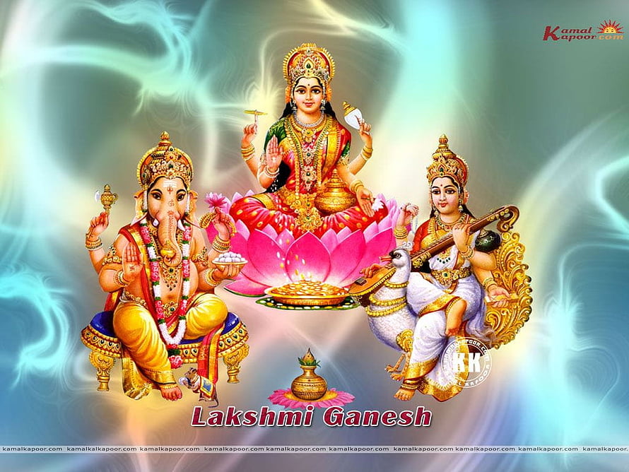 Ganesha and Lakshmi with Saraswati on Lotus Throne Indian Deity Art HD wallpaper