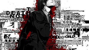 Light Yagami from Death Note anime in black suit with text collage background HD wallpaper