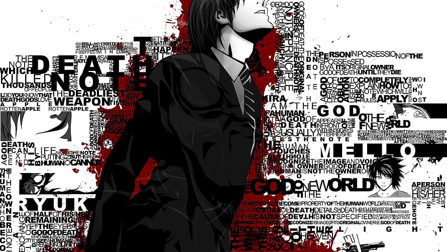 Light Yagami from Death Note anime in black suit with text collage background HD wallpaper