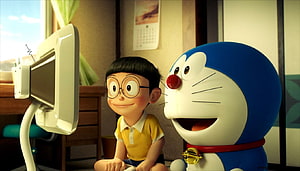 Stand By Me Doraemon 3D Animation Scene with Nobita and Doraemon at a Computer HD wallpaper