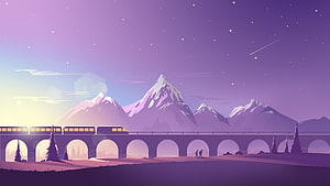 Purple Train Crossing Bridge Over Mountains at Night HD wallpaper