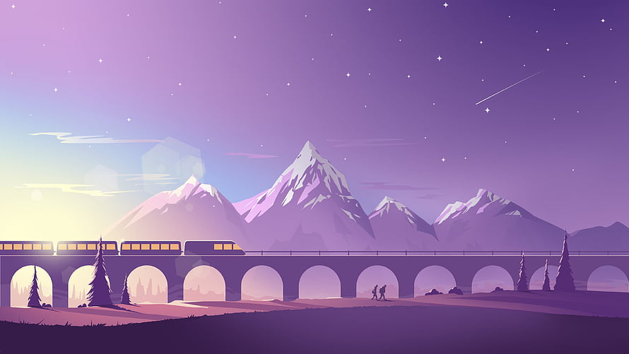 Purple Train Crossing Bridge Over Mountains at Night HD wallpaper