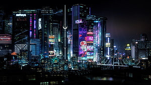 Neon-lit futuristic cyberpunk cityscape at night with glowing skyscrapers and digital billboards HD wallpaper