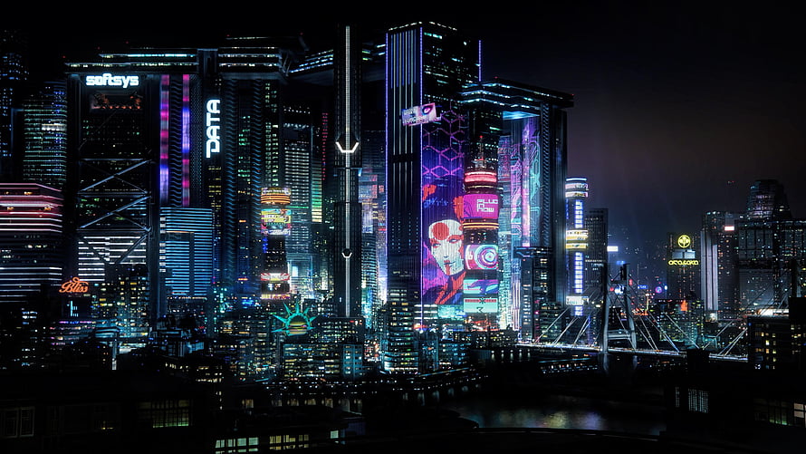 Neon-lit futuristic cyberpunk cityscape at night with glowing skyscrapers and digital billboards HD wallpaper