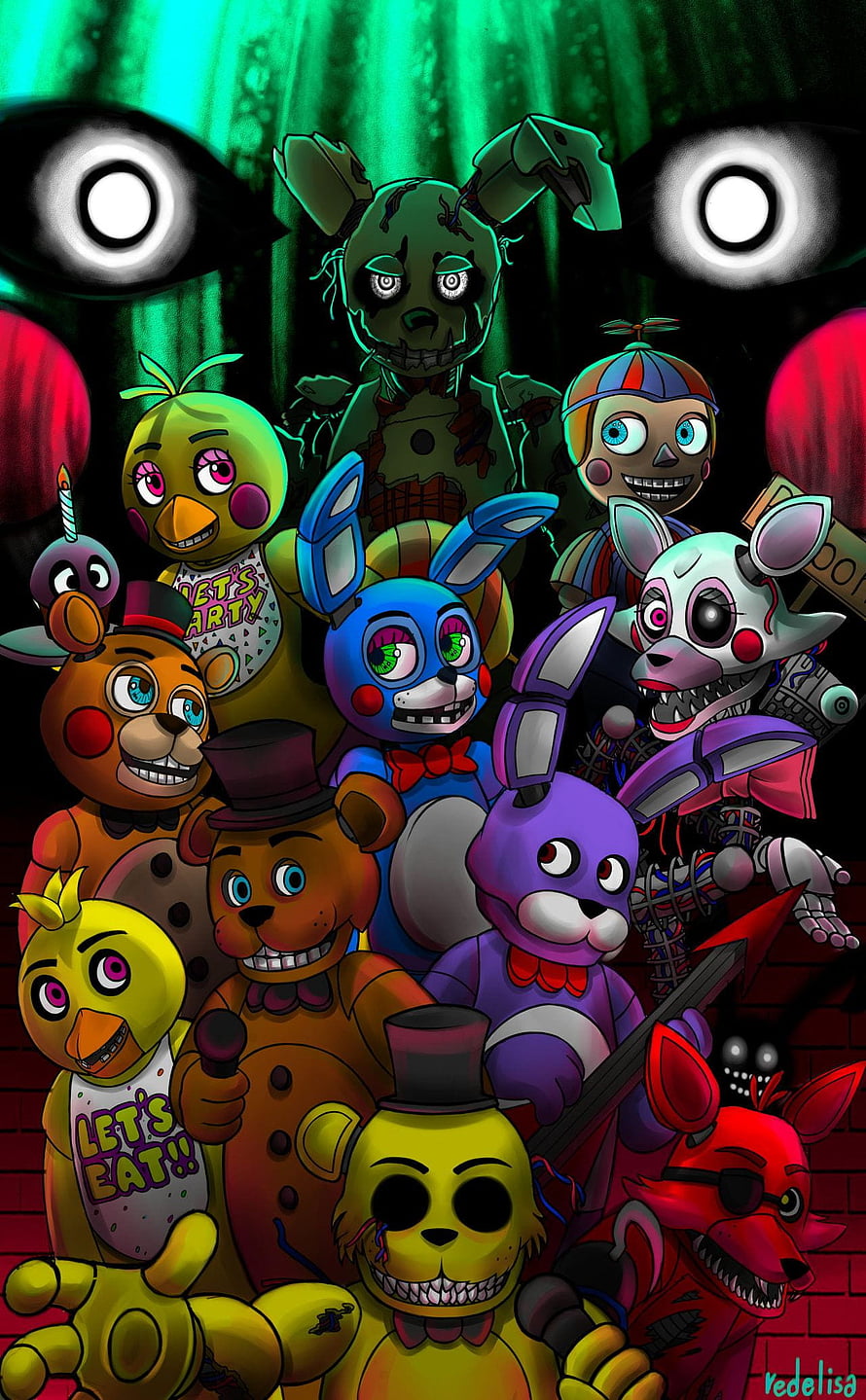 Five Nights at Freddy's Animated Character Group Portrait with FNAF Mascots HD phone wallpaper