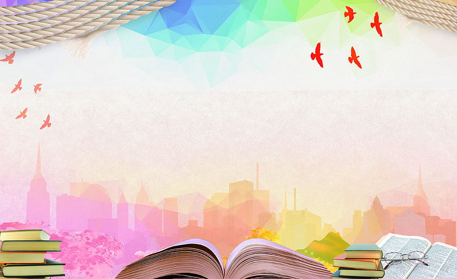 Pastel Cityscape with Open Books, Stacks, and Flying Birds in a Low-Poly Style HD wallpaper