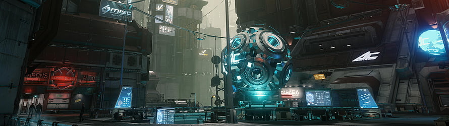 Futuristic Sci-Fi Cityscape with Glowing Holographic Sphere and Neon Signs HD wallpaper