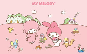 My Melody and Friends in a Pastoral Spring Meadow with Flowers and Small Animals HD wallpaper