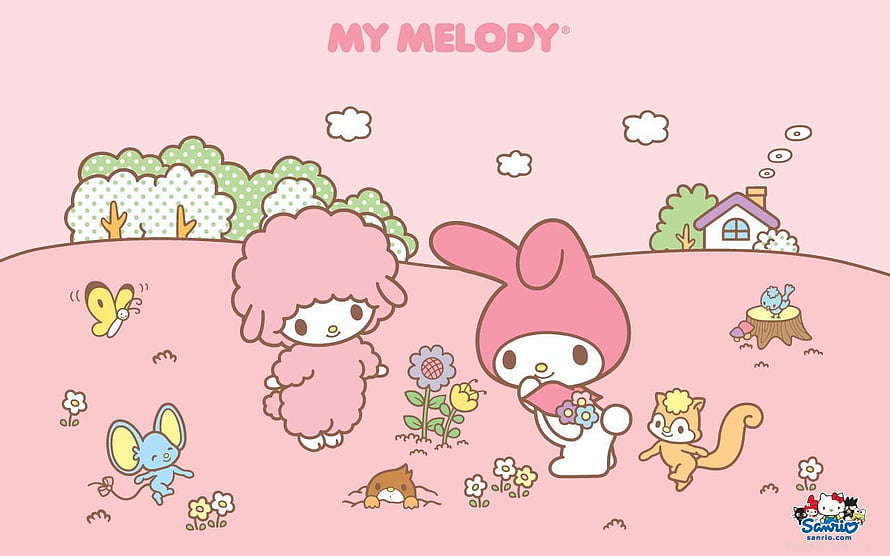 My Melody and Friends in a Pastoral Spring Meadow with Flowers and Small Animals HD wallpaper