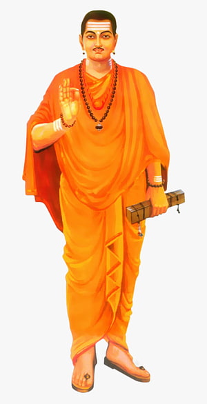 Basavanna Standing in Orange Robes with Prayer Beads and Wooden Tablet HD phone wallpaper