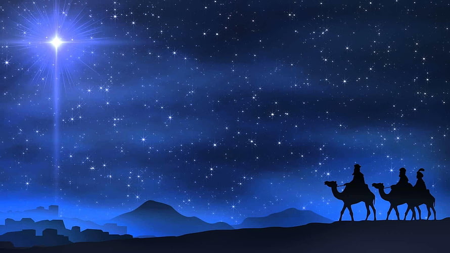 Silhouette of the Three Wise Men on Camels Journeying Under the Star of Bethlehem at Night HD wallpaper